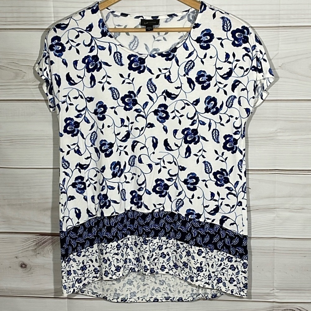 J. Jill Wearever Blue & White Hi-Lo Hem Tunic Top Size XS